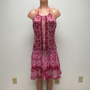 Poupette St Barth Womens Pink Floral Halter Sleeveless Smocked Ruffled Dress L